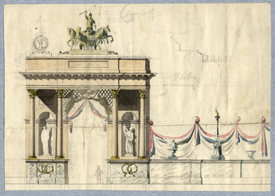 32535 Afbeelding van een erepoort, op te richten voor het bezoek van kroonprins Willem aan Utrecht op 28 juni 1839.